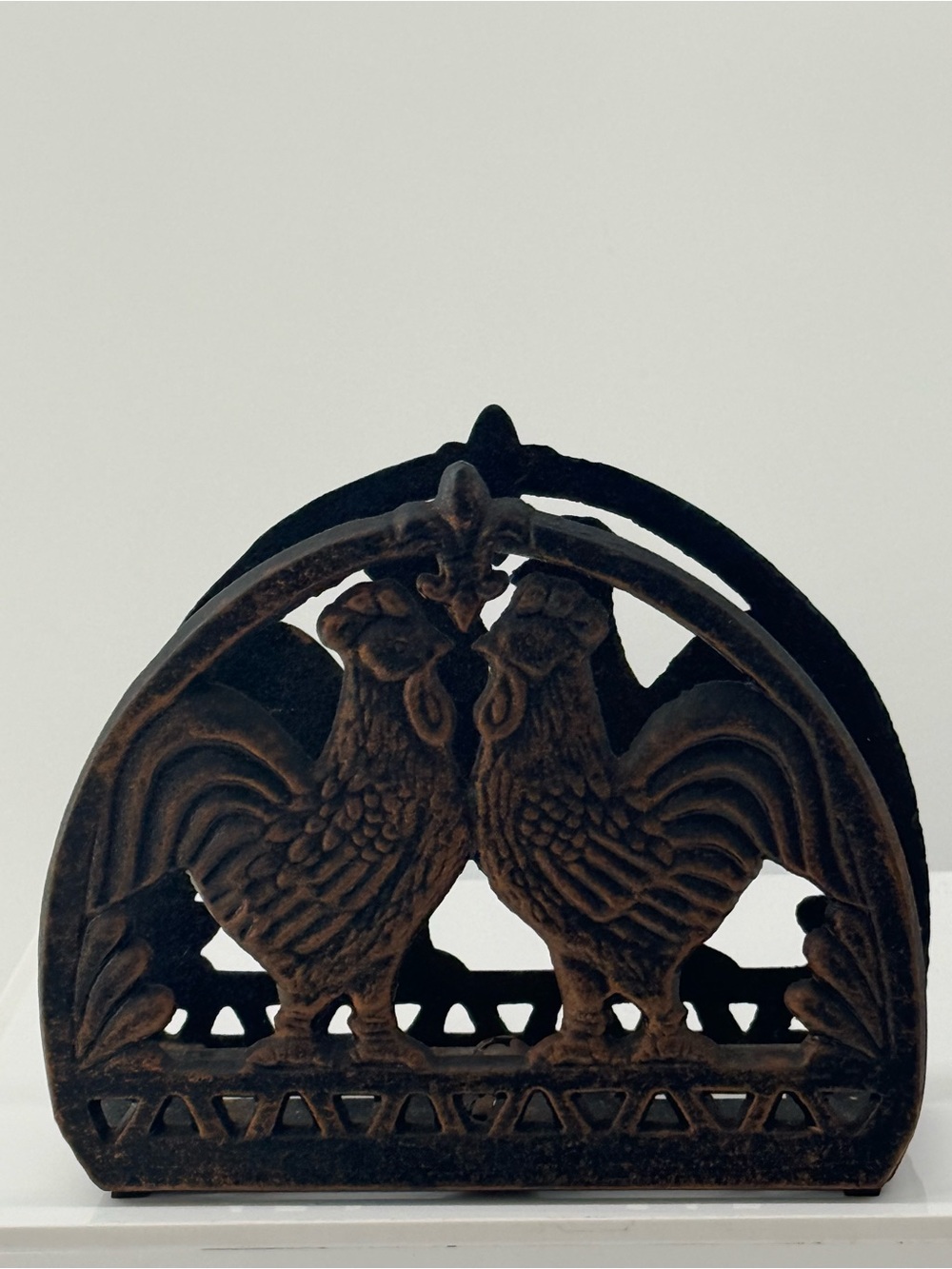 Double Rooster Cast Iron Napkin Holder in Dark Brown Finish